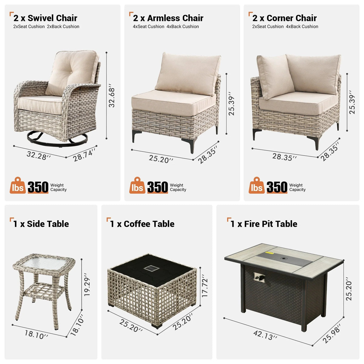 Ensemble de 9 chaises pivotantes en osier d'extérieur OVIOS avec table brasero