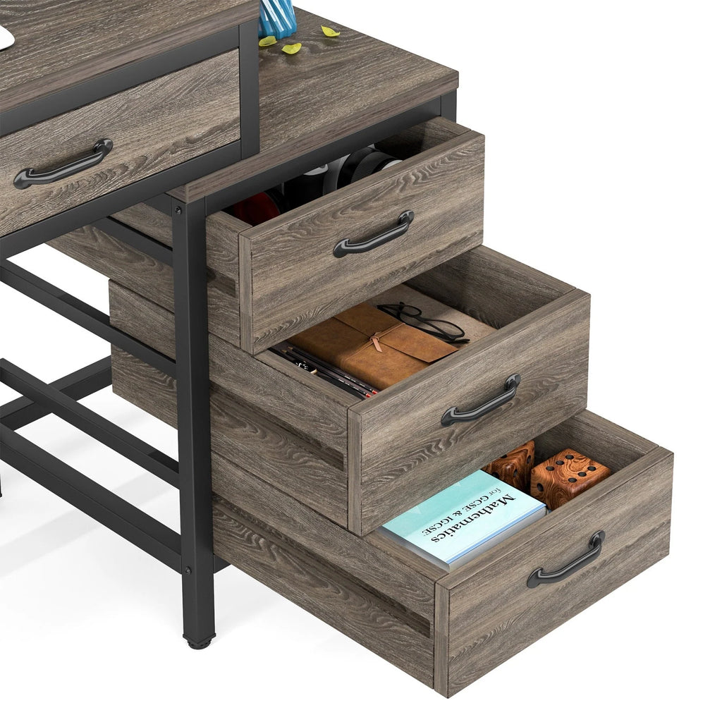 Bureau réversible avec 5 tiroirs, Bureau d'ordinateur de maison avec tiroir classeur et support d'imprimante