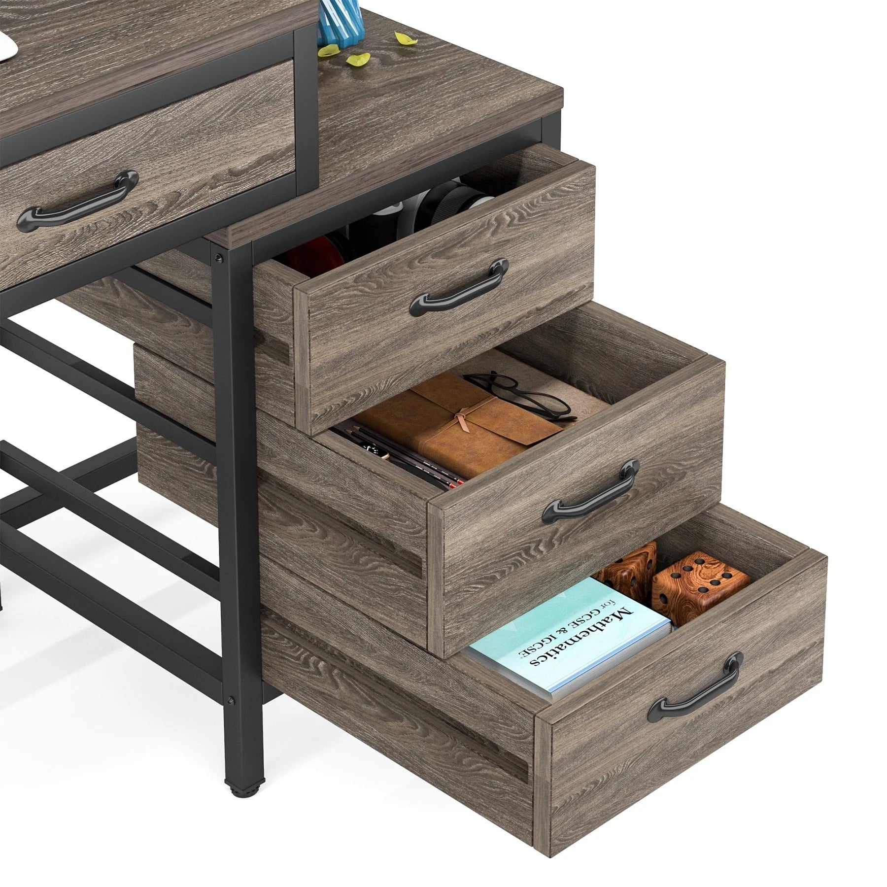 Bureau réversible avec 5 tiroirs, Bureau d'ordinateur de maison avec tiroir classeur et support d'imprimante
