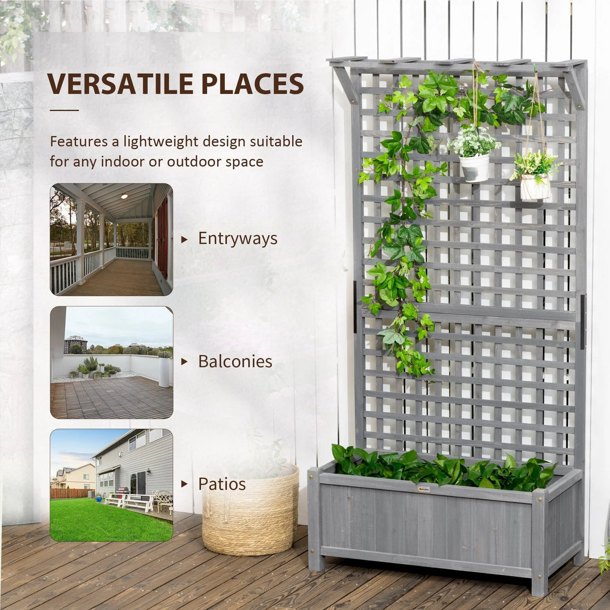 Jardinière en bois Outsunny avec treillis, lit de jardin surélevé pour plantes grimpantes avec trous de drainage et toit