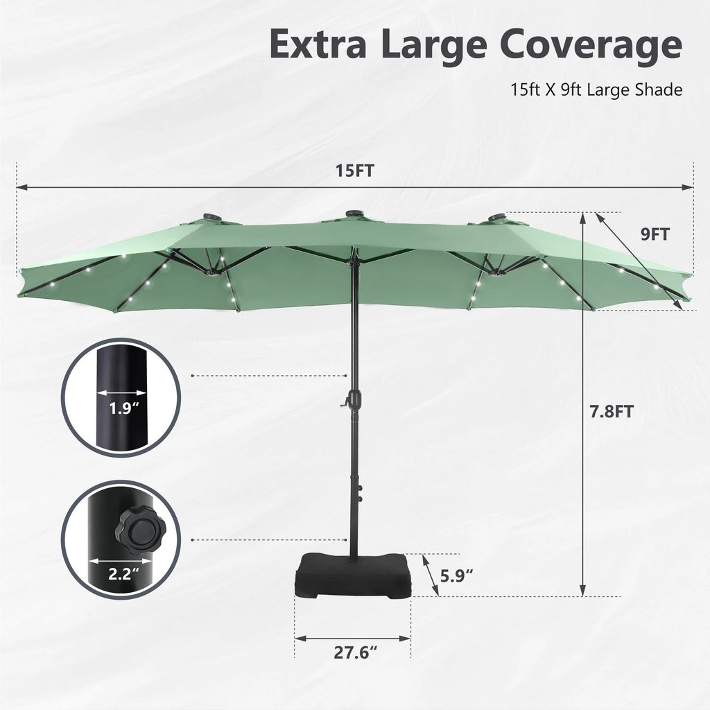 MAISON ARTS Parasol excentré rectangulaire de 4,5 m avec manivelle, parasol de marché double face d'extérieur avec lumières LED solaires et base incluse