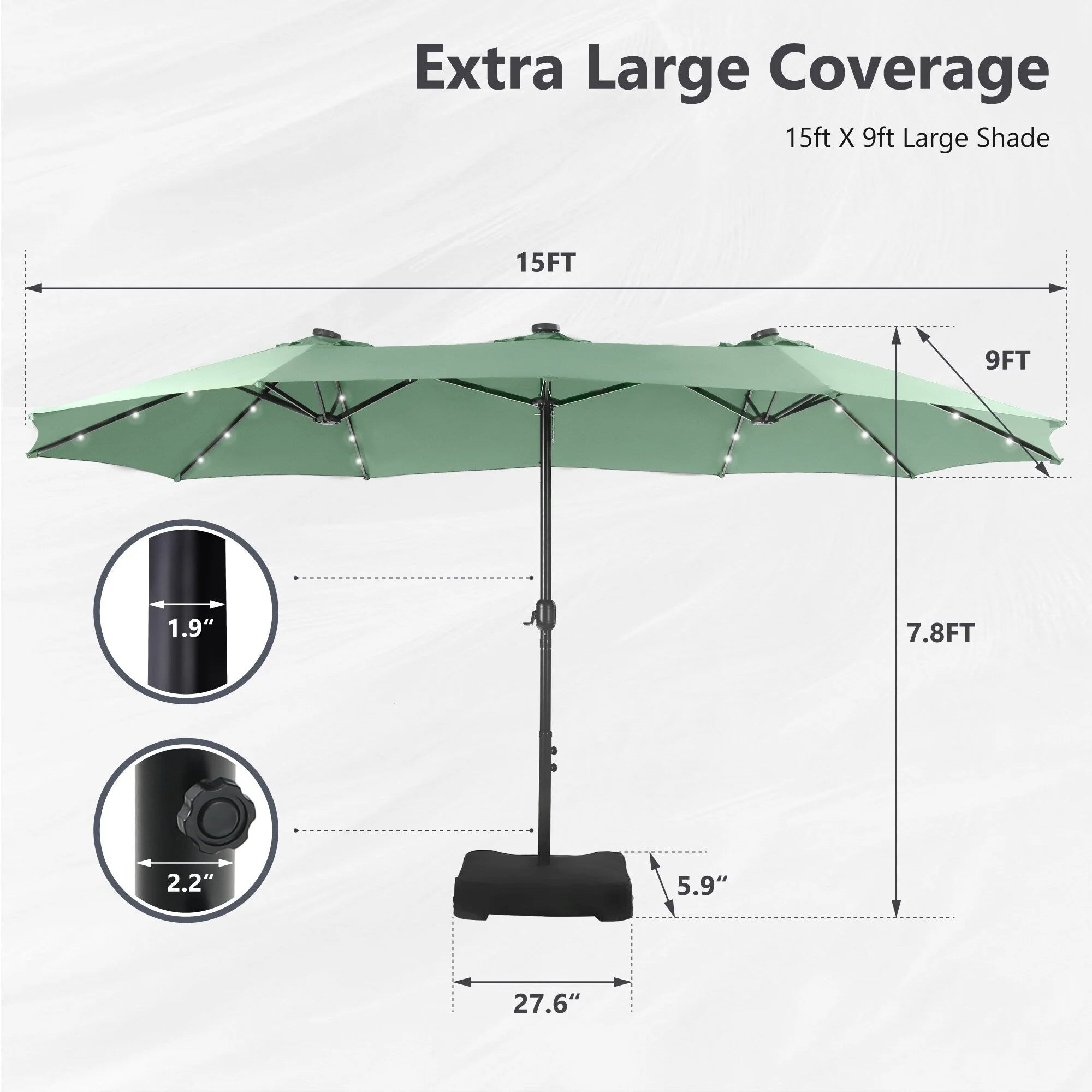 MAISON ARTS Parasol excentré rectangulaire de 4,5 m avec manivelle, parasol de marché double face d'extérieur avec lumières LED solaires et base incluse