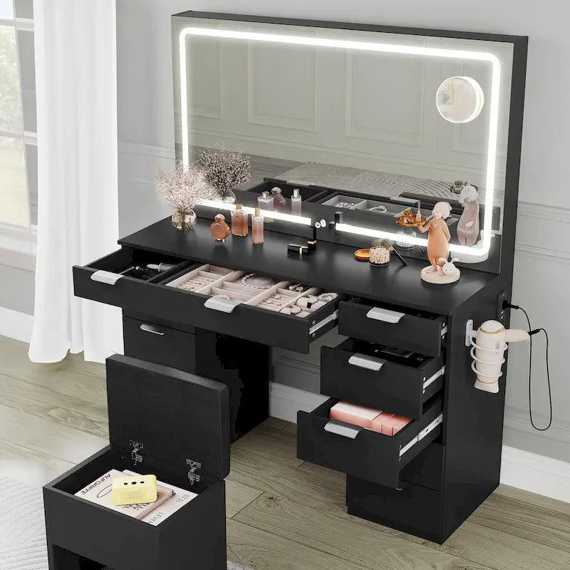 Moasis 46 Coiffeuse avec prise intégrée, miroir éclairé et support pour sèche-cheveux – 55,8 H x 46 L x 11,7 P