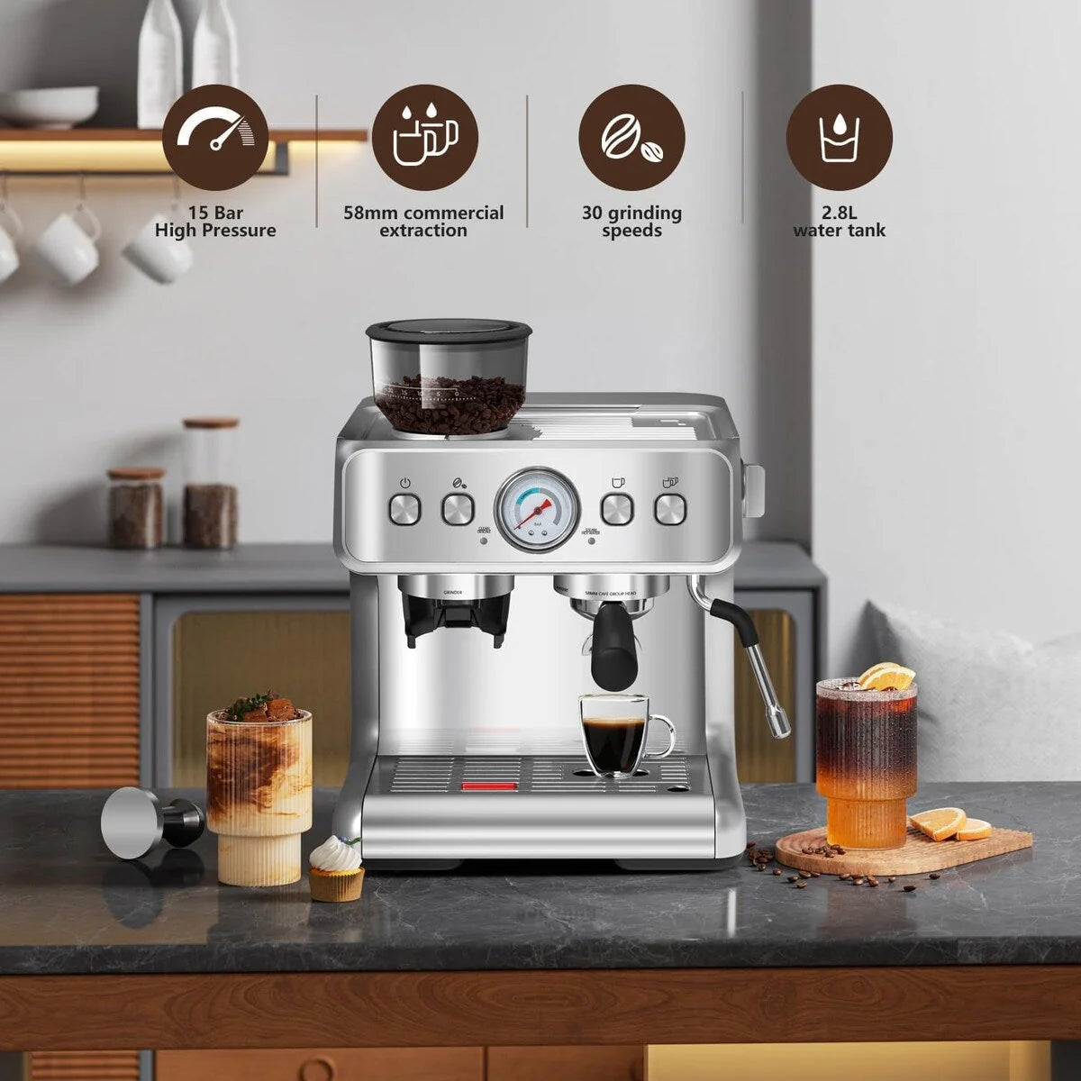 Machine à café semi-automatique avec contrôle intelligent de la température et fonction eau chaude, 30 réglages de mouture