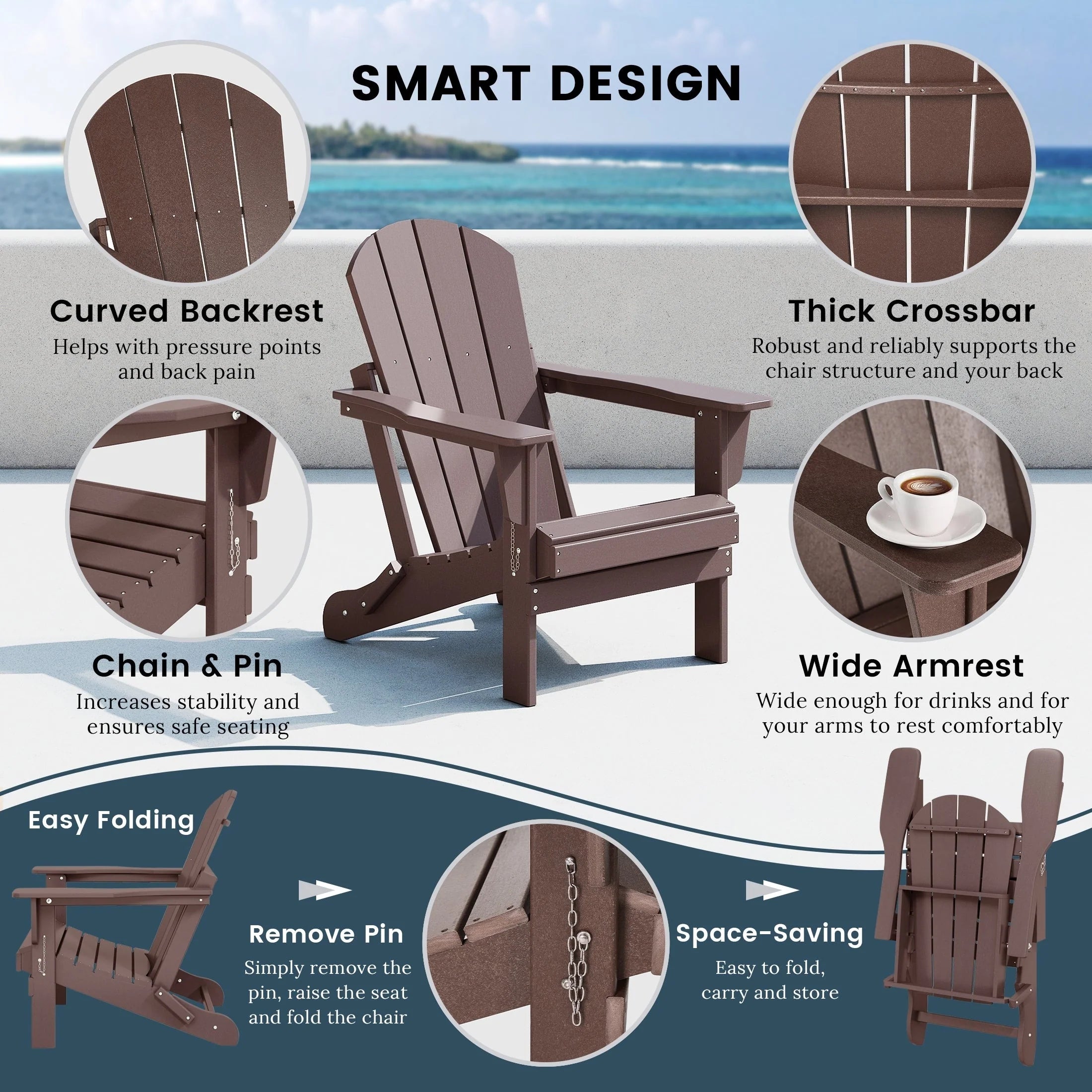 Chaise Adirondack pliante d'extérieur tout temps Polytrends Laguna résistante à la décoloration pour patio