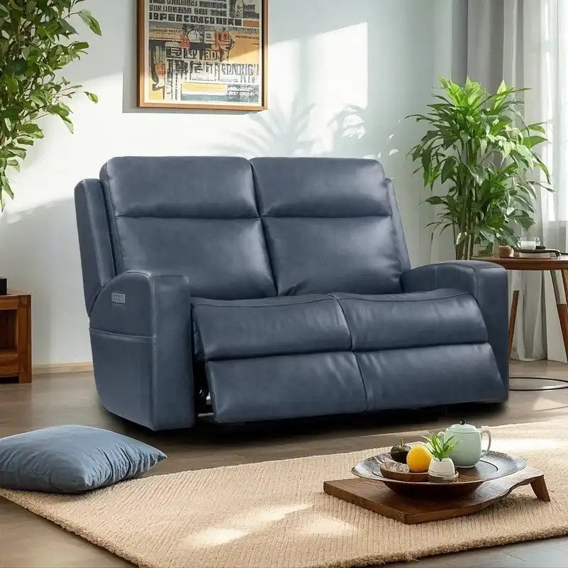 Causeuse inclinable électrique en cuir véritable avec espace de rangement et port de charge USB pour salon