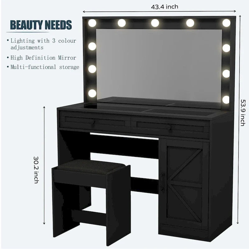 Coiffeuse de ferme Roomfitters avec lumières, coiffeuse avec porte coulissante, table de maquillage à 2 tiroirs avec miroir éclairé