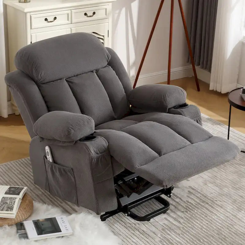 Fauteuil inclinable électrique gris avec massage chauffant, chargement USB, télécommande et poches latérales pratiques pour les personnes âgées