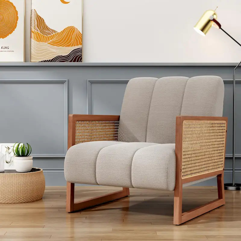 Fauteuils d'appoint en rotin, chaise en rotin naturel rembourrée, fauteuil en lin de style moderne du milieu du siècle, chaises d'appoint pour salon et chambre