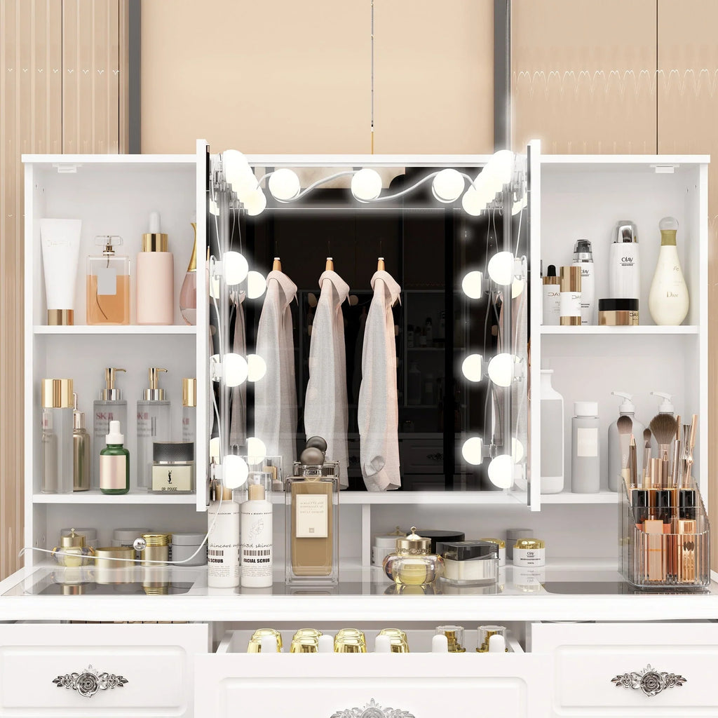Coiffeuse moderne blanche avec miroir pliable éclairage réglable - 102,1 x 137,4 cm