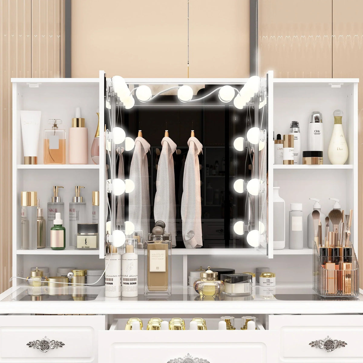 Coiffeuse moderne blanche avec miroir pliable éclairage réglable - 102,1 x 137,4 cm