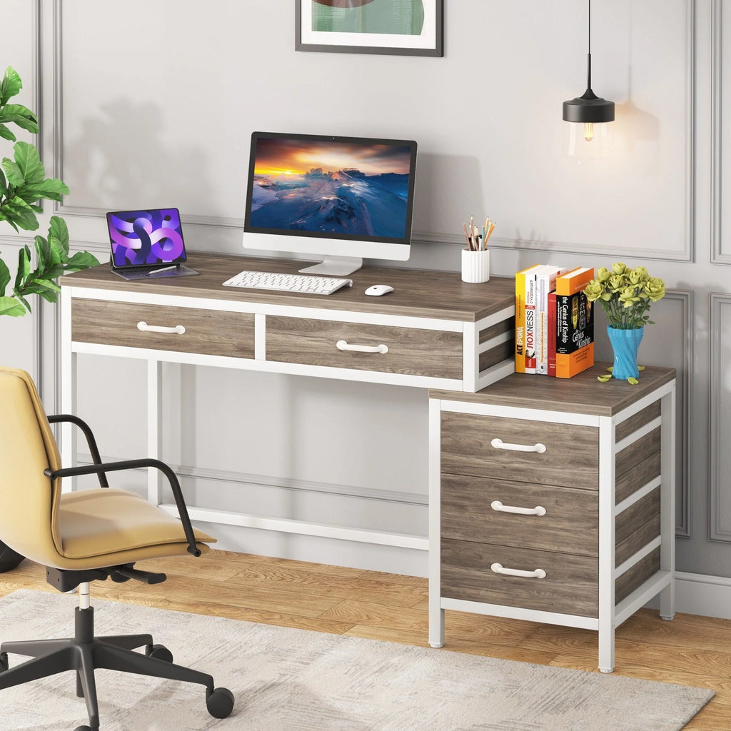 Bureau réversible avec 5 tiroirs, Bureau d'ordinateur de maison avec tiroir classeur et support d'imprimante