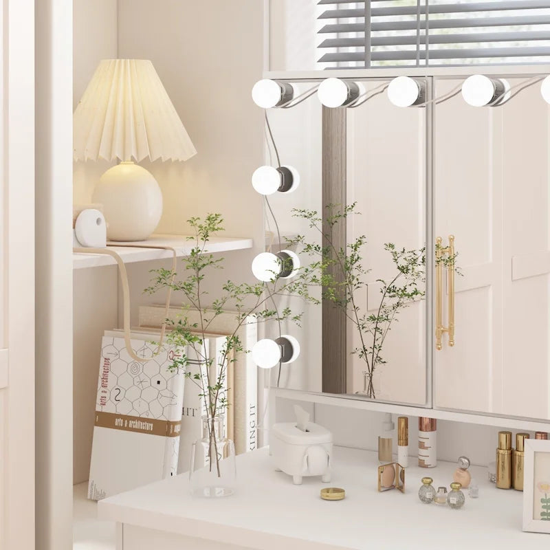 Coiffeuse LED de luxe avec 9 tiroirs, station de maquillage élégante