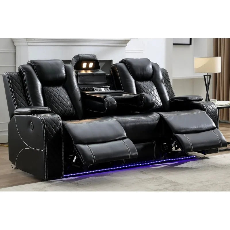 Canapé inclinable électrique avec chargeur sans fil, liseuse pour salon, lumière LED en similicuir, port AC/USB, porte-gobelet, noir