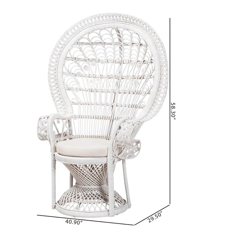 Chaise paon Kallima de style bohème moderne en rotin naturel blanc