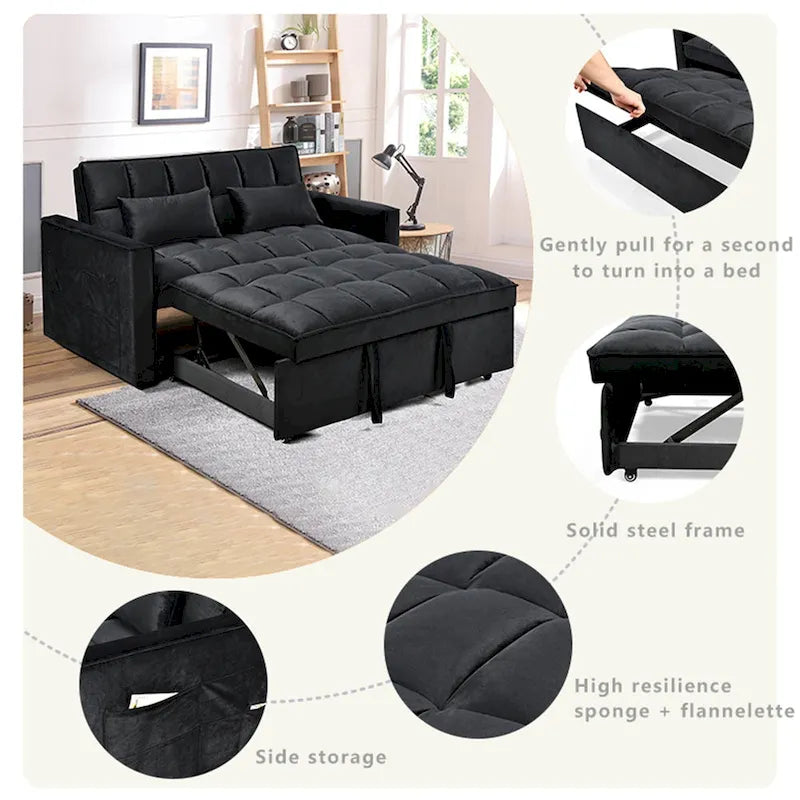 Causeuse futon moderne en velours avec dossier inclinable et poches, 2 places — Gris foncé / Gris clair / Bleu / Noir