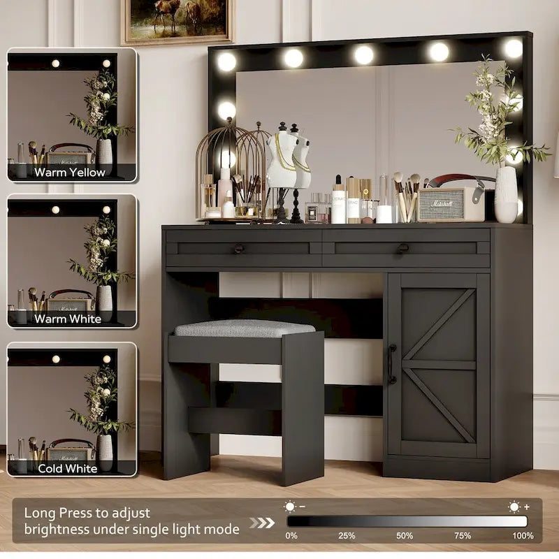 Coiffeuse de ferme Roomfitters avec lumières, coiffeuse avec porte coulissante, table de maquillage à 2 tiroirs avec miroir éclairé