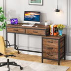 Bureau réversible avec 5 tiroirs, Bureau d'ordinateur de maison avec tiroir classeur et support d'imprimante
