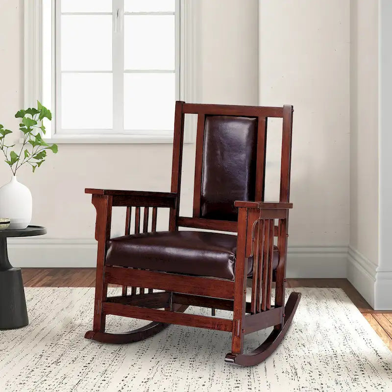 Fauteuil à bascule de style Mission, assise et dossier en cuir, tabac et marron foncé