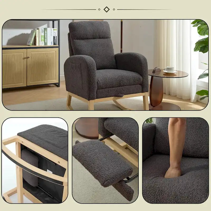 Fauteuil à bascule rembourré moderne de 75 cm de hauteur avec dossier haut, pieds en bois massif et repose-pieds réglable