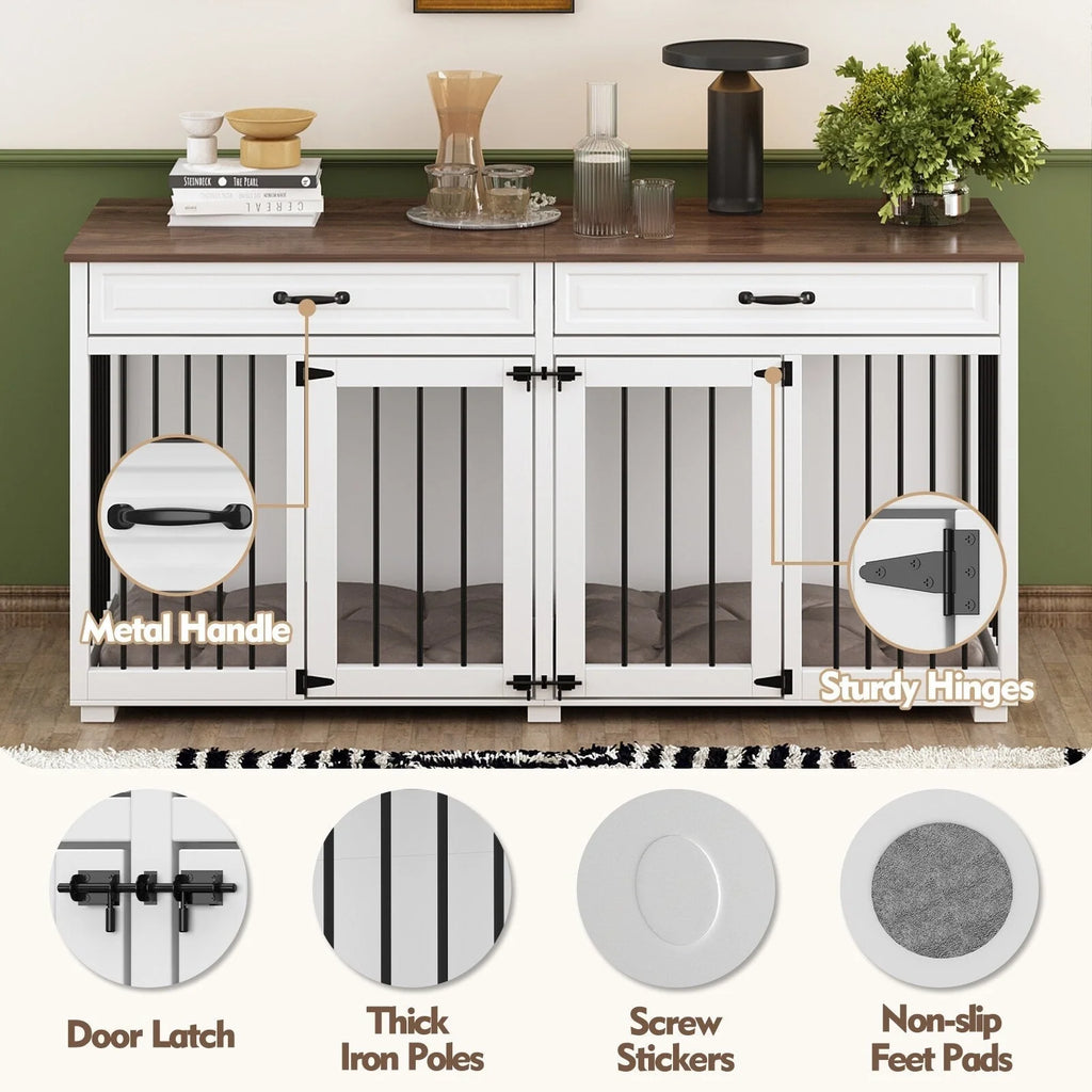Meuble de chenil double en bois avec 2 tiroirs et séparateur
