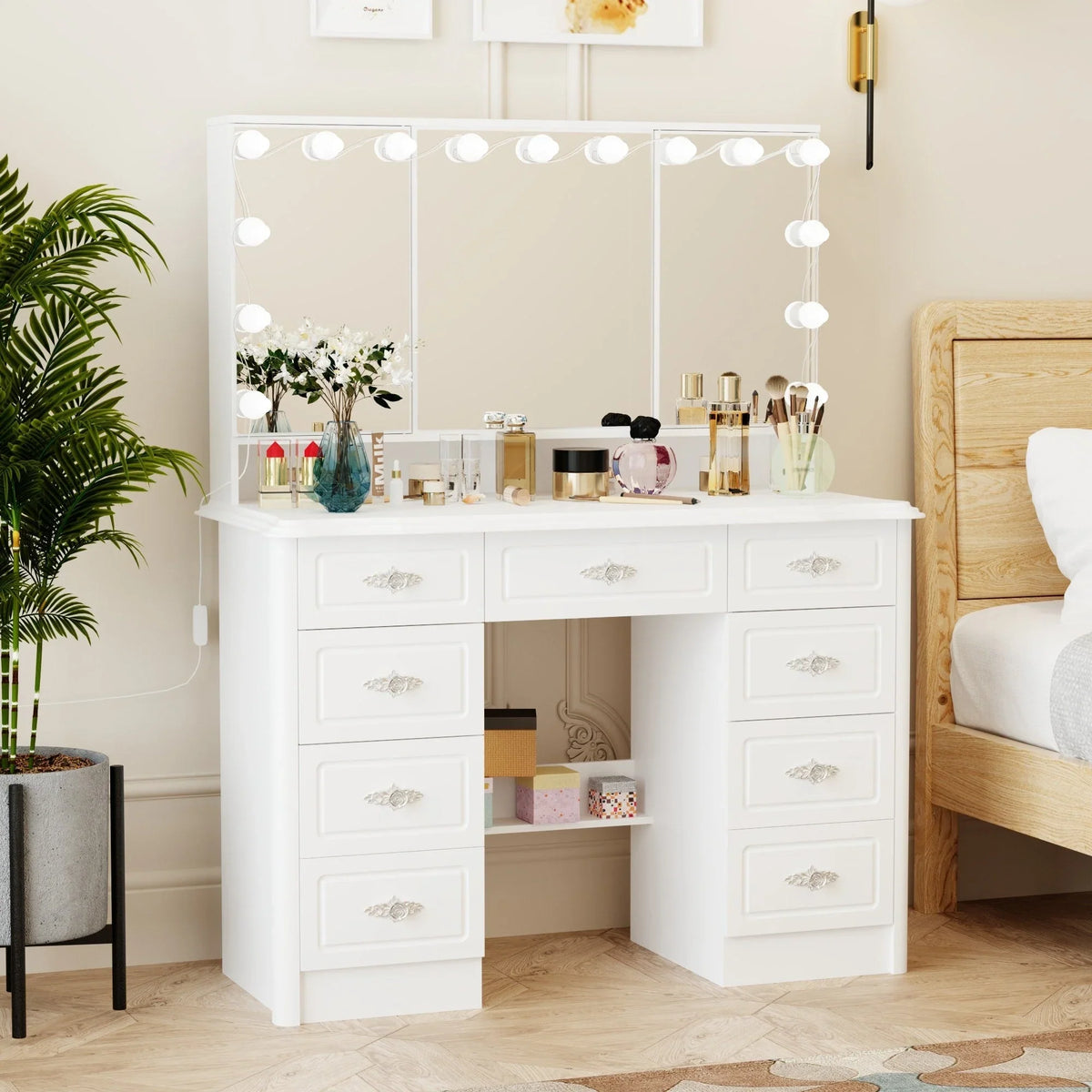 Coiffeuse moderne blanche avec miroir pliable éclairage réglable - 102,1 x 137,4 cm