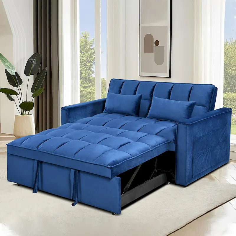 Causeuse futon moderne en velours avec dossier inclinable et poches, 2 places — Gris foncé / Gris clair / Bleu / Noir