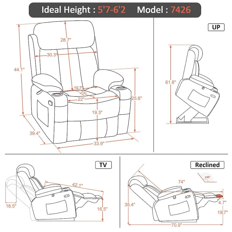 Fauteuil inclinable releveur électrique grand format MCombo avec repose-pieds extensible pour personnes âgées de grande taille, télécommande manuelle, porte-gobelets, tissu 7426