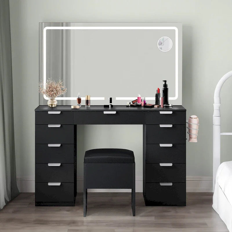Moasis 46 Coiffeuse avec prise intégrée, miroir éclairé et support pour sèche-cheveux – 55,8 H x 46 L x 11,7 P