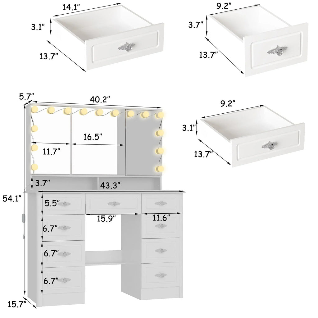 Coiffeuse moderne blanche avec miroir pliable éclairage réglable - 102,1 x 137,4 cm