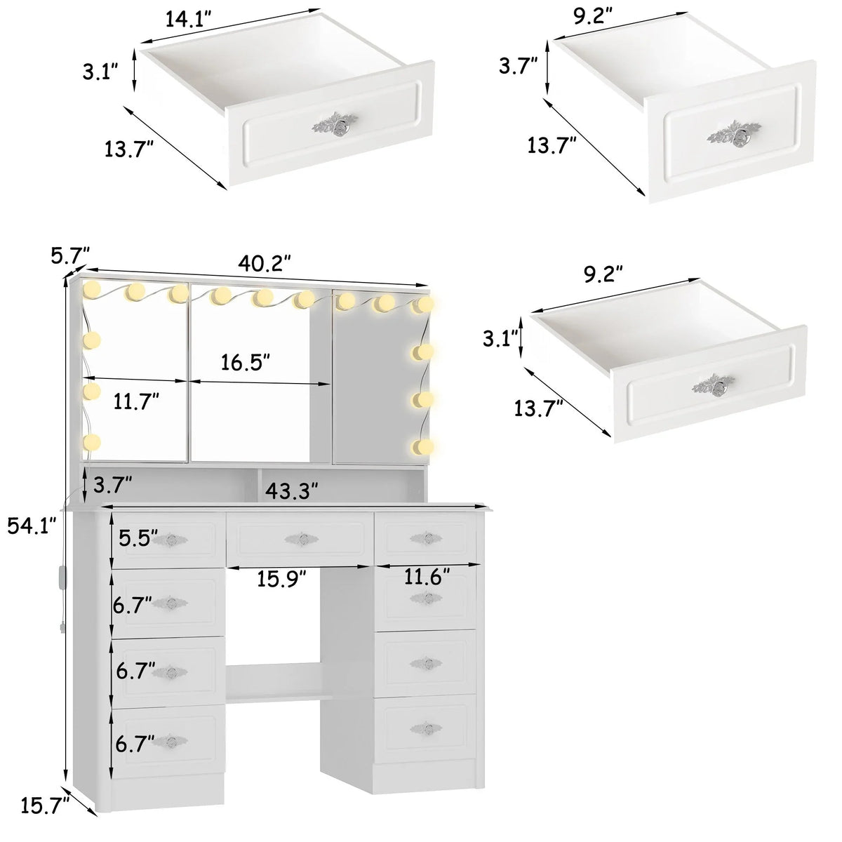 Coiffeuse moderne blanche avec miroir pliable éclairage réglable - 102,1 x 137,4 cm