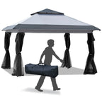 Outsunny 12 x 12 Tonnelle escamotable Pare-soleil Tente instantanée pliable avec filet latéral en maille, Hauteur réglable sur 3 niveaux