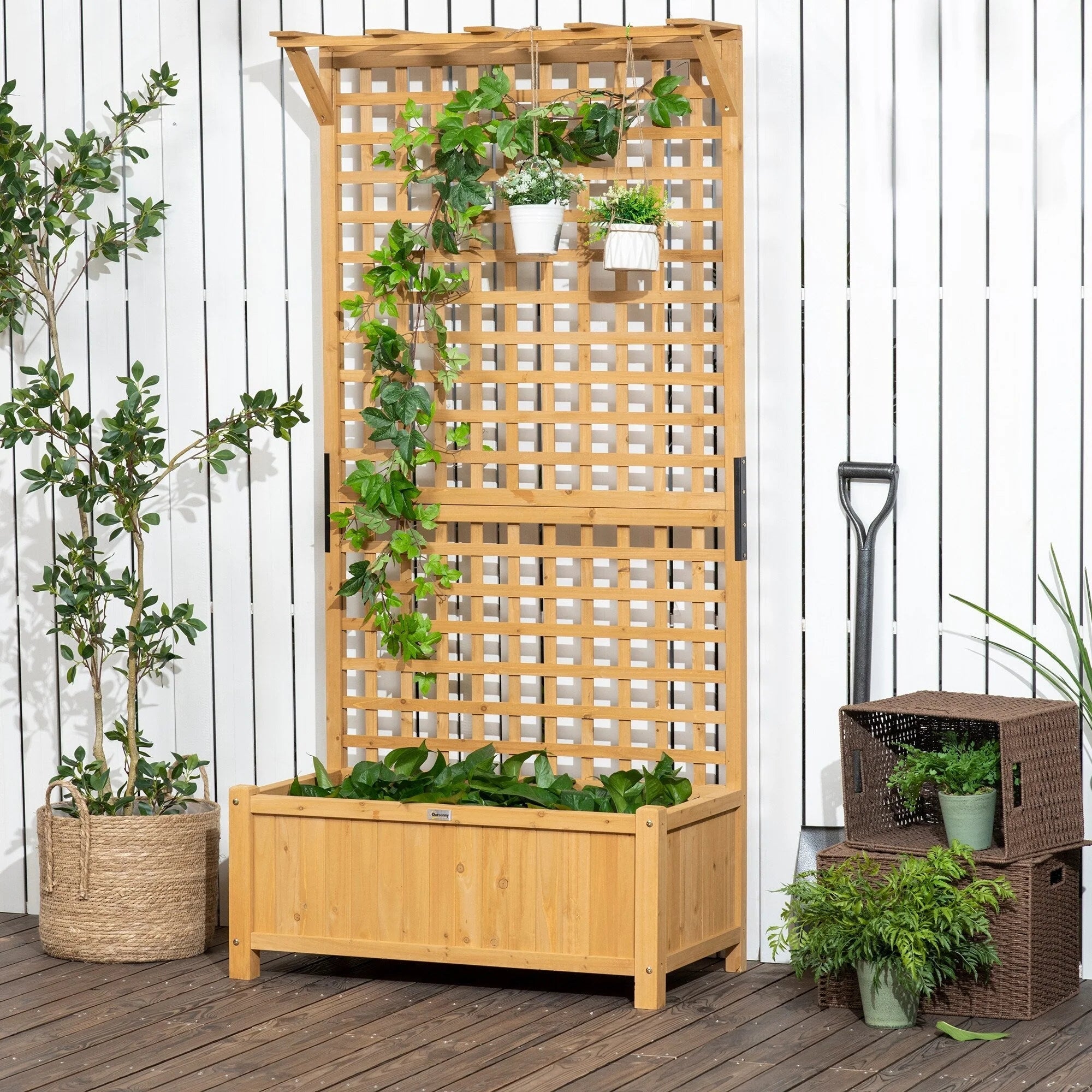 Jardinière en bois Outsunny avec treillis, lit de jardin surélevé pour plantes grimpantes avec trous de drainage et toit