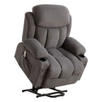 Fauteuil inclinable électrique gris avec massage chauffant, chargement USB, télécommande et poches latérales pratiques pour les personnes âgées