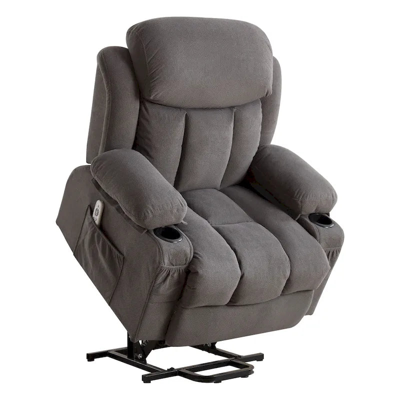 Fauteuil inclinable électrique gris avec massage chauffant, chargement USB, télécommande et poches latérales pratiques pour les personnes âgées