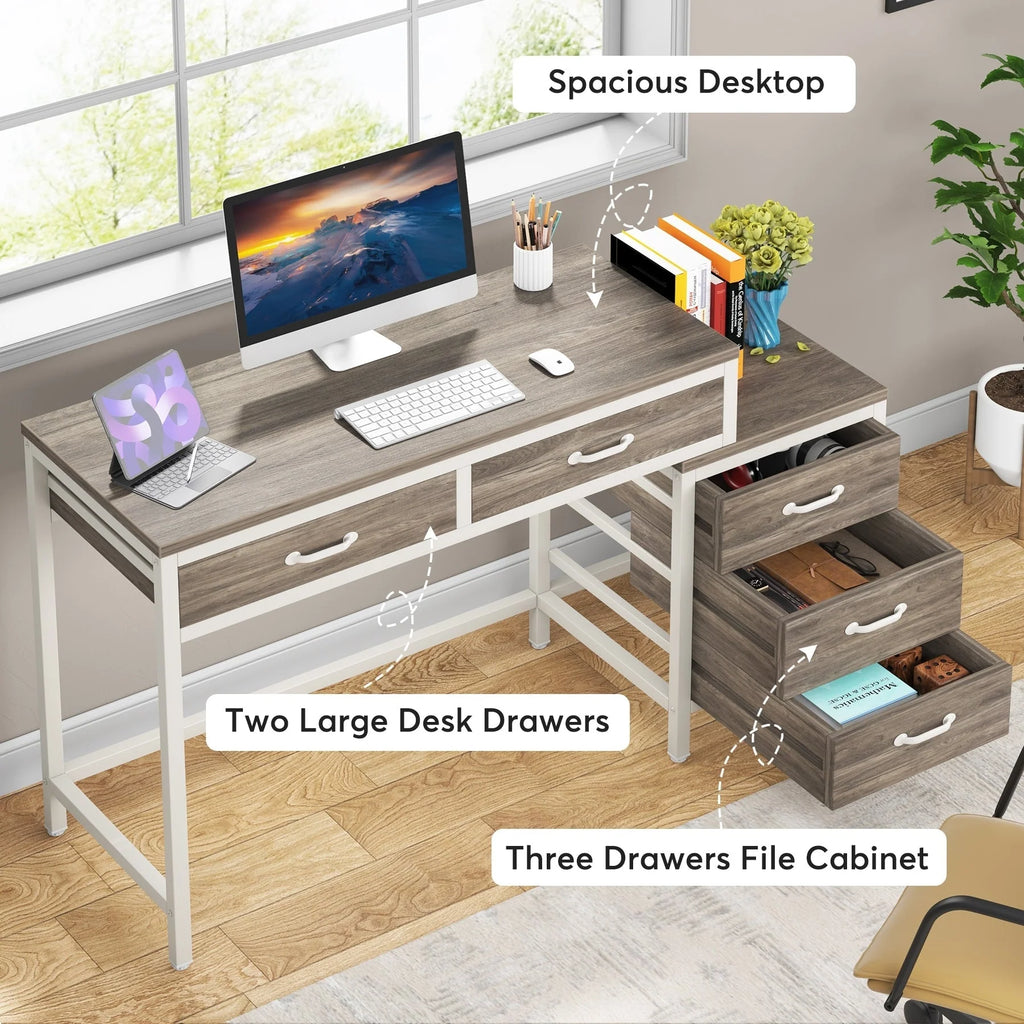 Bureau réversible avec 5 tiroirs, Bureau d'ordinateur de maison avec tiroir classeur et support d'imprimante