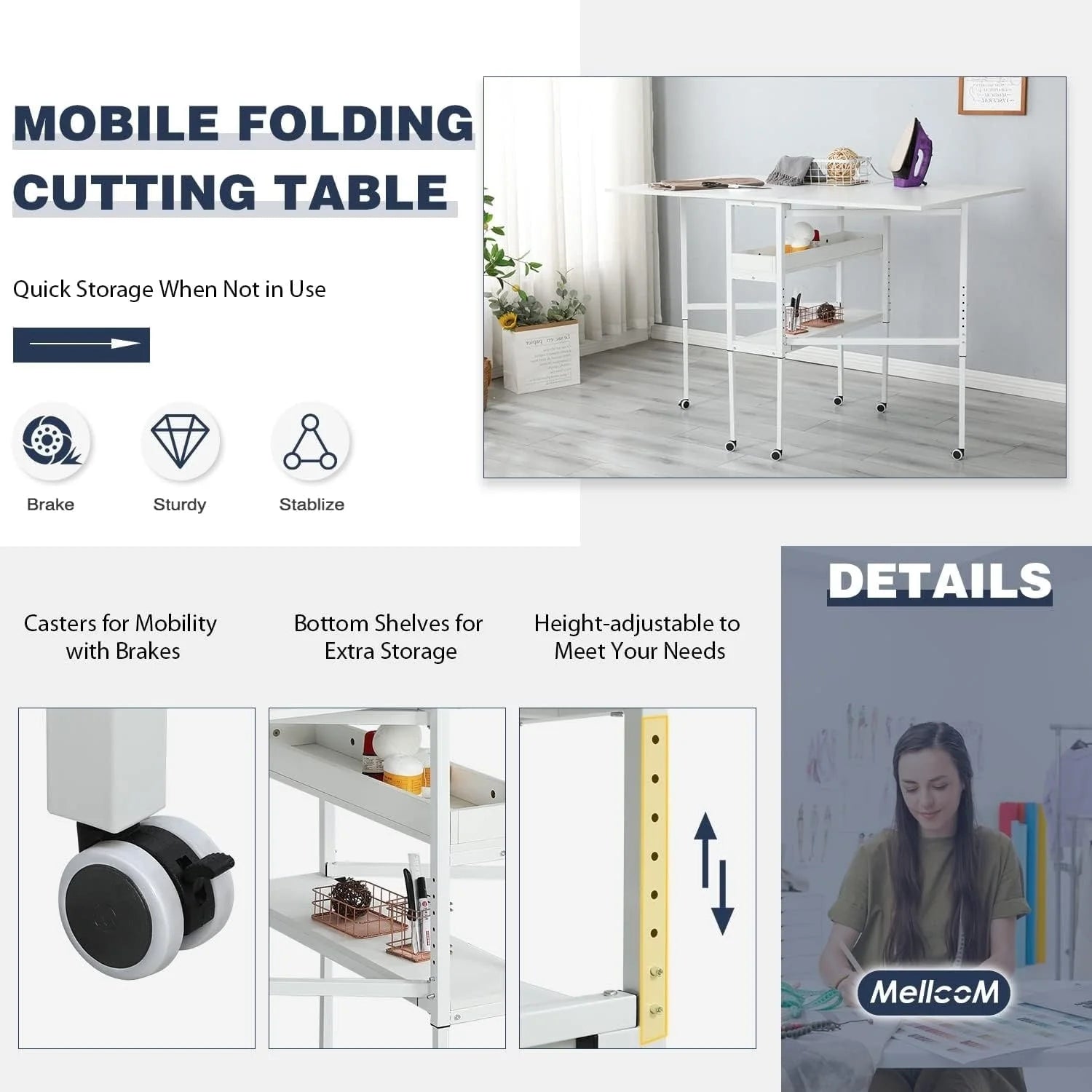 Table artisanale réglable en hauteur avec étagères de rangement, table de coupe pliante mobile pour bureau à domicile, salle de couture, salle d'artisanat