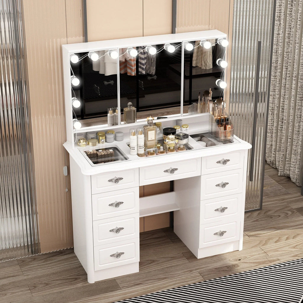 Coiffeuse moderne blanche avec miroir pliable éclairage réglable - 102,1 x 137,4 cm