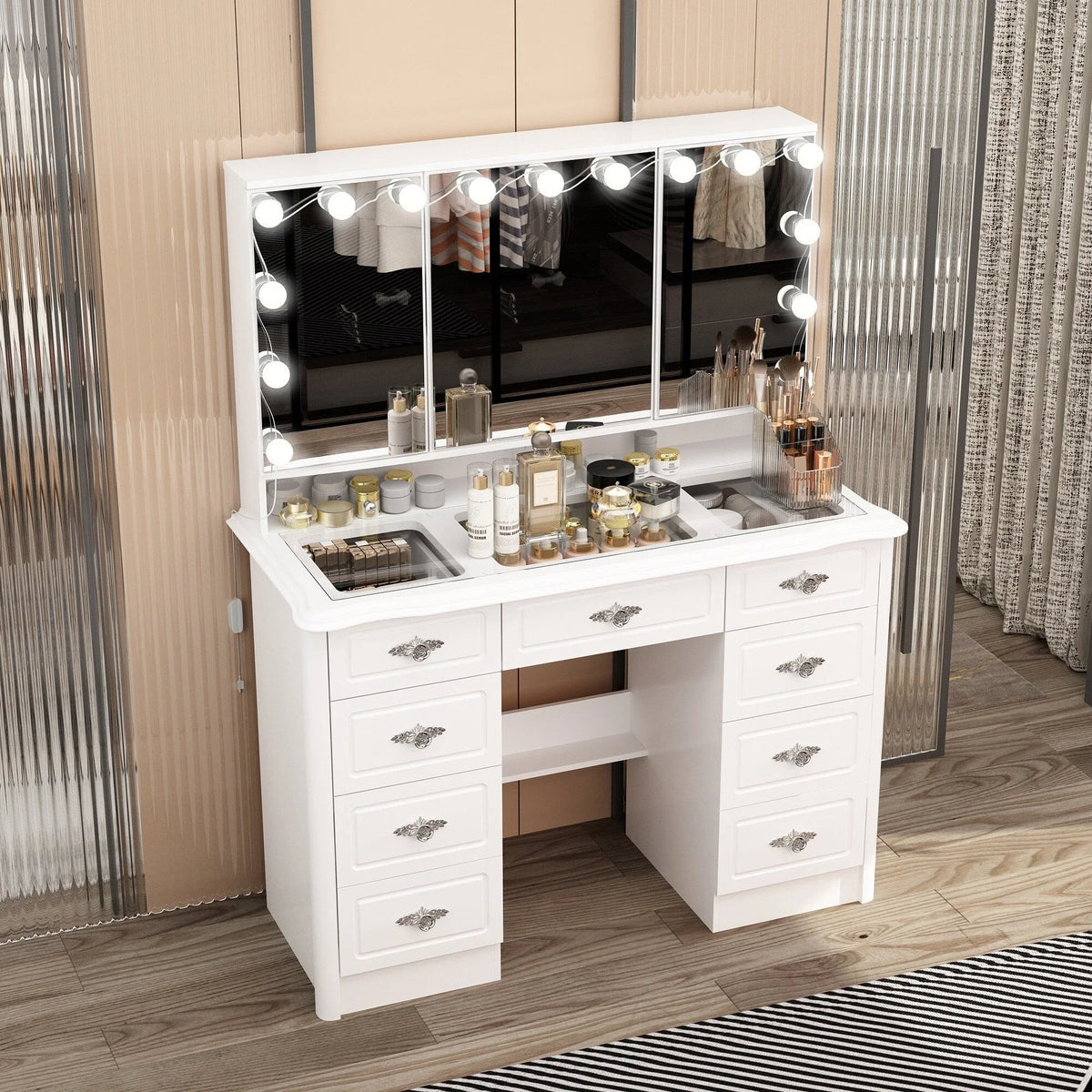 Coiffeuse moderne blanche avec miroir pliable éclairage réglable - 102,1 x 137,4 cm