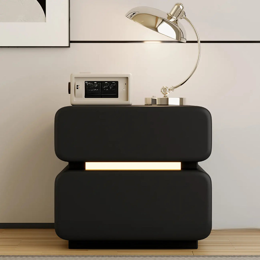 Table de chevet d'appoint moderne en cuir noir avec 2 tiroirs