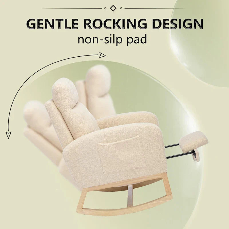 Fauteuil à bascule rembourré moderne de 75 cm de hauteur avec dossier haut, pieds en bois massif et repose-pieds réglable