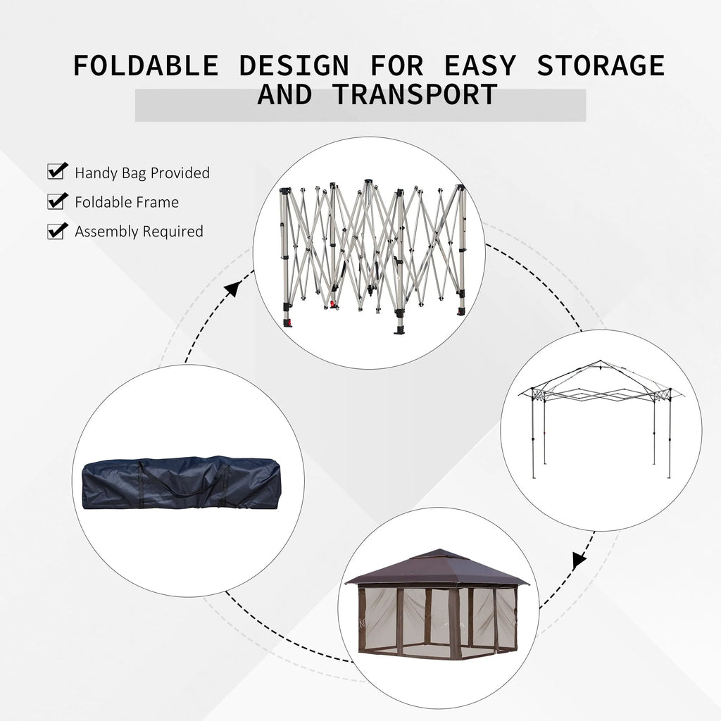 Outsunny 12 x 12 Tonnelle escamotable Pare-soleil Tente instantanée pliable avec filet latéral en maille, Hauteur réglable sur 3 niveaux