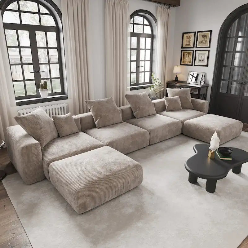 Grand canapé modulaire sectionnel en velours côtelé, en forme de U, 4 places avec 2 poufs et 5 oreillers