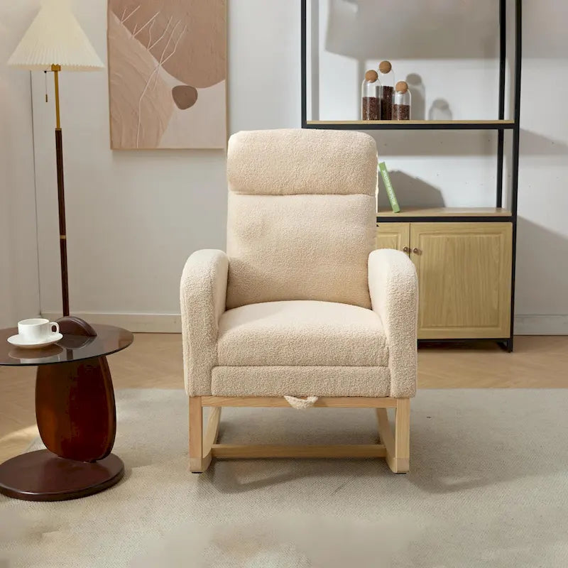 Fauteuil à bascule rembourré moderne de 75 cm de hauteur avec dossier haut, pieds en bois massif et repose-pieds réglable