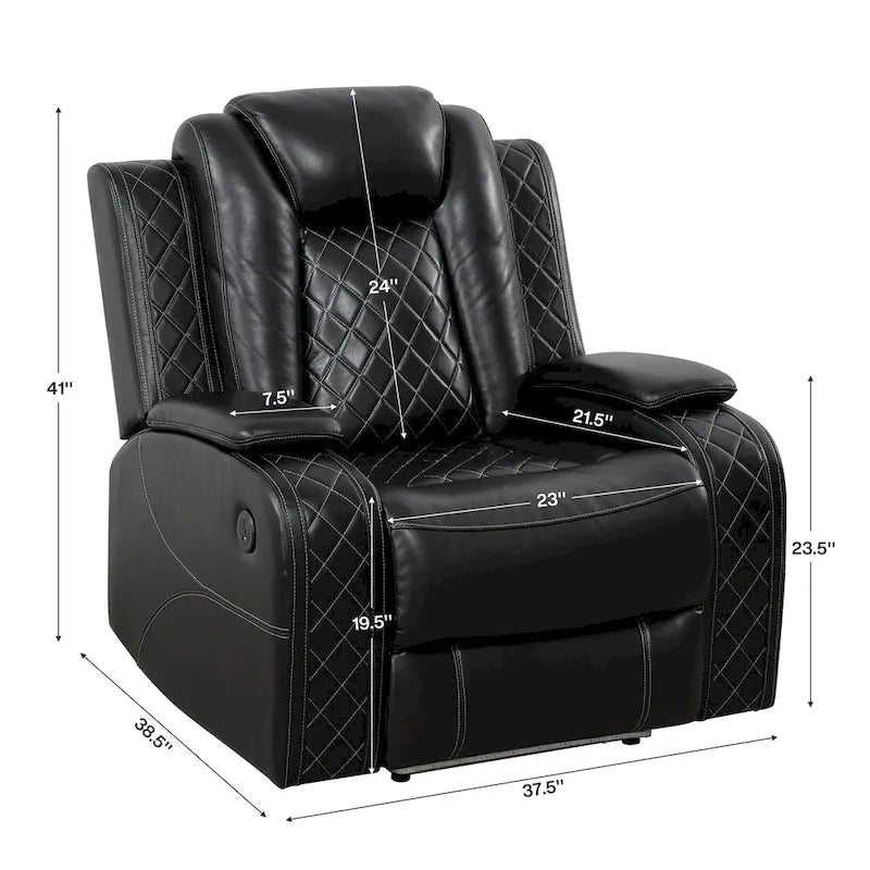 Ensemble de canapés inclinables modernes 3 pièces en cuir avec LED et chargement sans fil
