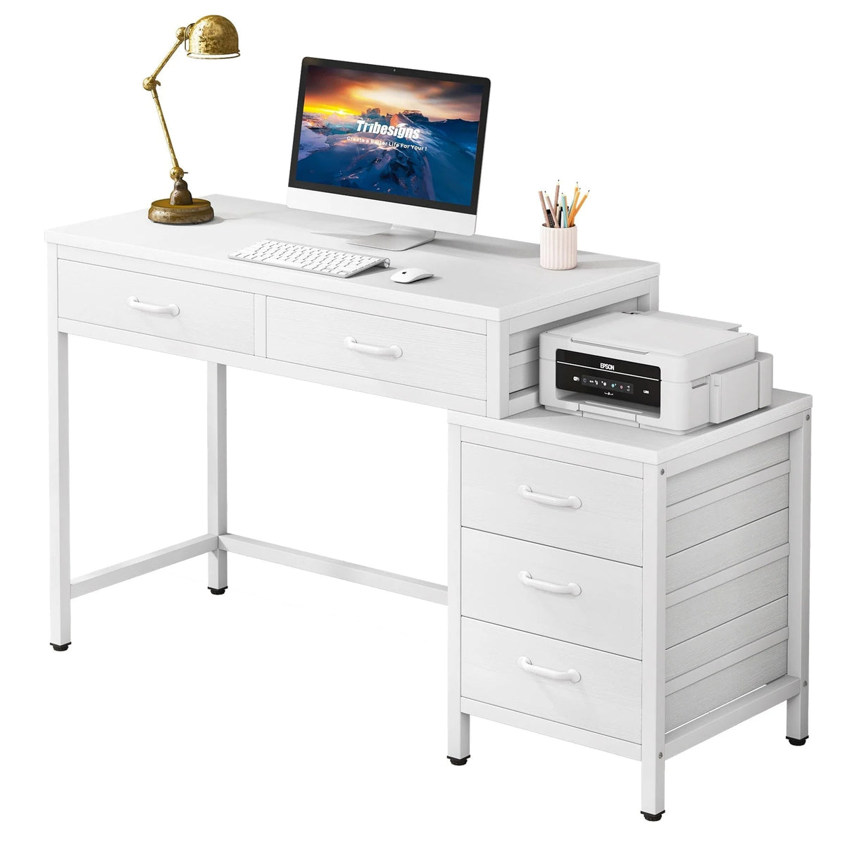 Bureau réversible avec 5 tiroirs, Bureau d'ordinateur de maison avec tiroir classeur et support d'imprimante
