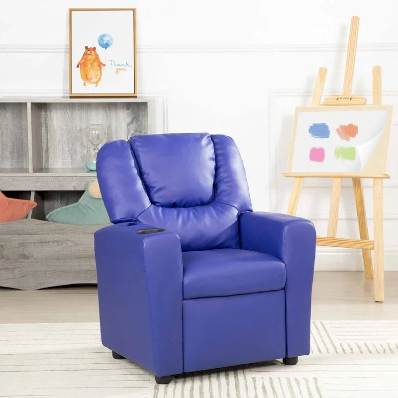 Fauteuil inclinable pour enfants en PVC avec fonction d'inclinaison par poussée, porte-gobelet et repose-pieds confortable