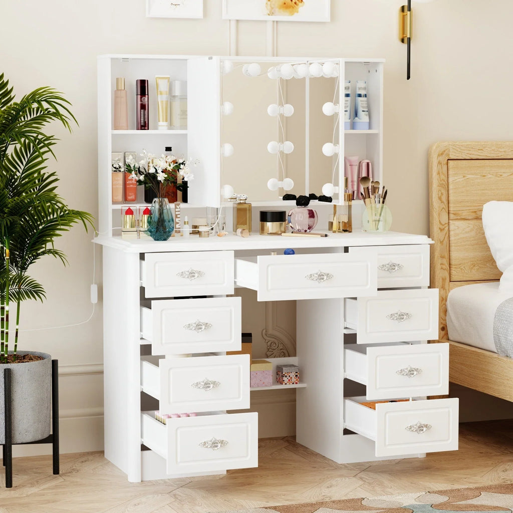 Coiffeuse moderne blanche avec miroir pliable éclairage réglable - 102,1 x 137,4 cm