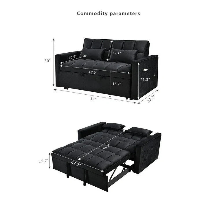 Causeuse futon moderne en velours avec dossier inclinable et poches, 2 places — Gris foncé / Gris clair / Bleu / Noir