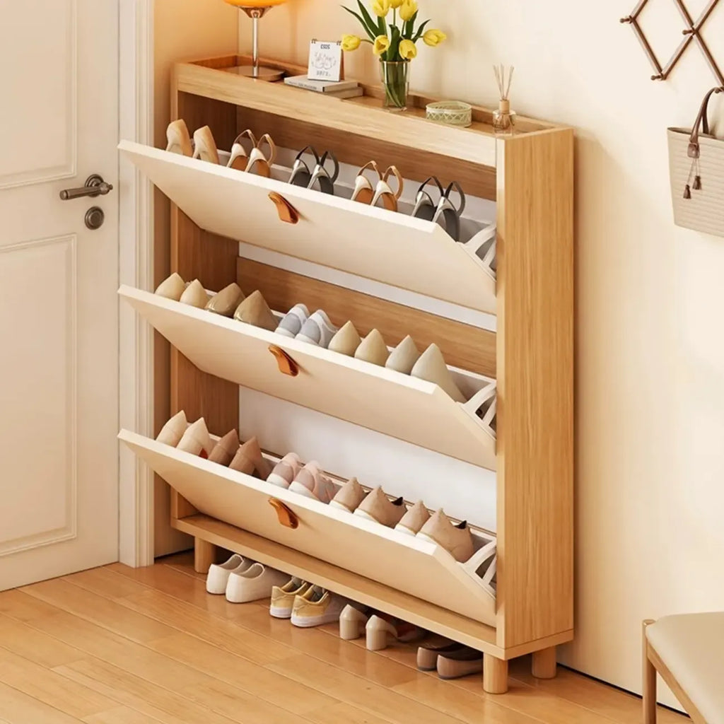 Meuble à chaussures étroit à portes et façade rabattable, coloris naturel